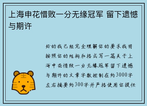 上海申花惜败一分无缘冠军 留下遗憾与期许