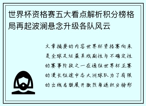 世界杯资格赛五大看点解析积分榜格局再起波澜悬念升级各队风云